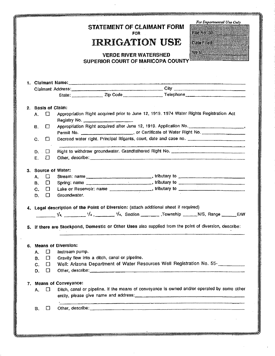 Statement of Claimant Form for Irrigation Use - Verde River Watershed - Maricopa County, Arizona, Page 1