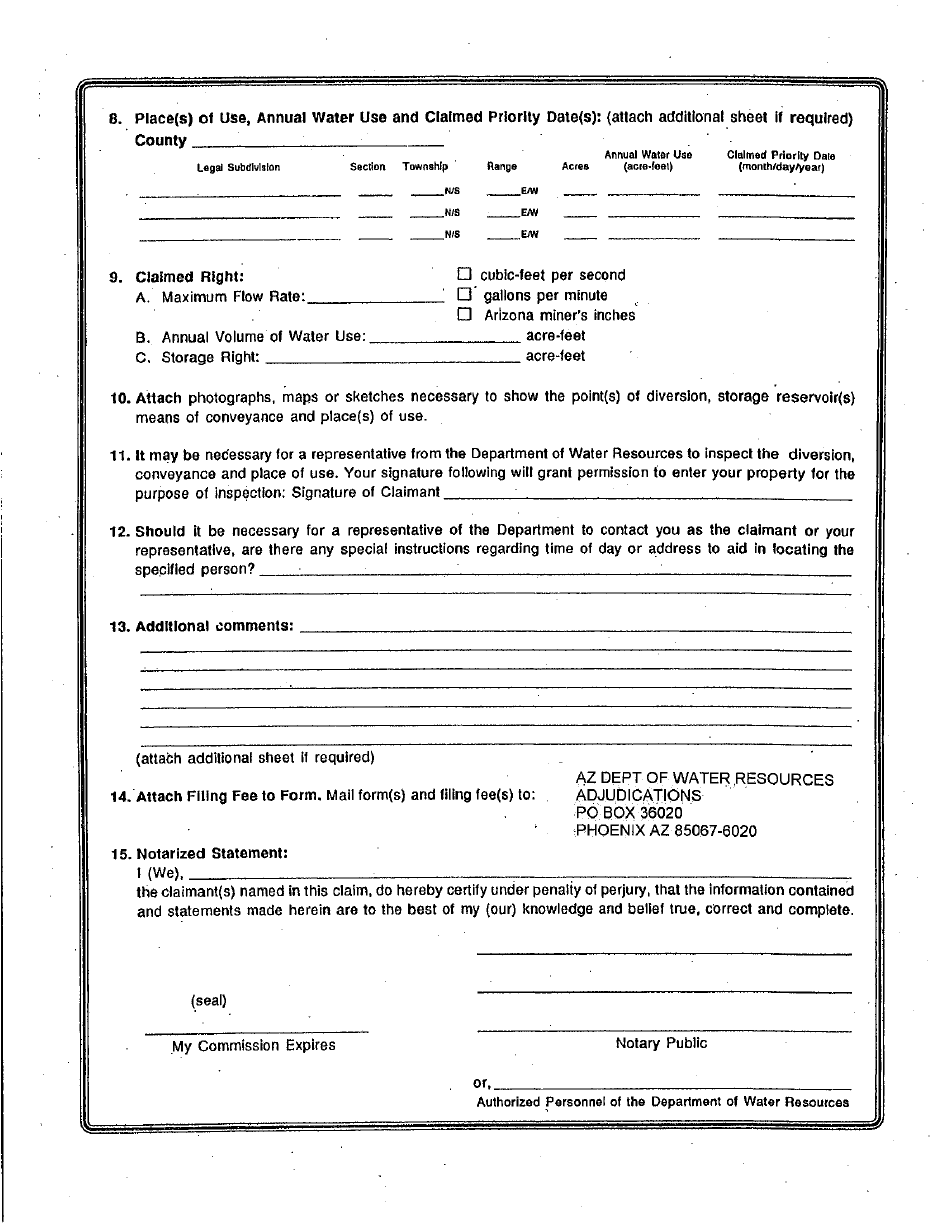 Statement of Claimant Form for Irrigation Use - Verde River Watershed - Maricopa County, Arizona, Page 2