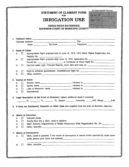 Statement of Claimant Form for Irrigation Use - Verde River Watershed - Maricopa County, Arizona Download Pdf