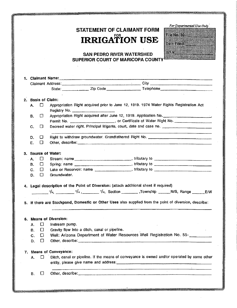 Statement of Claimant Form for Irrigation Use - San Pedro River Watershed - Maricopa County, Arizona, Page 1