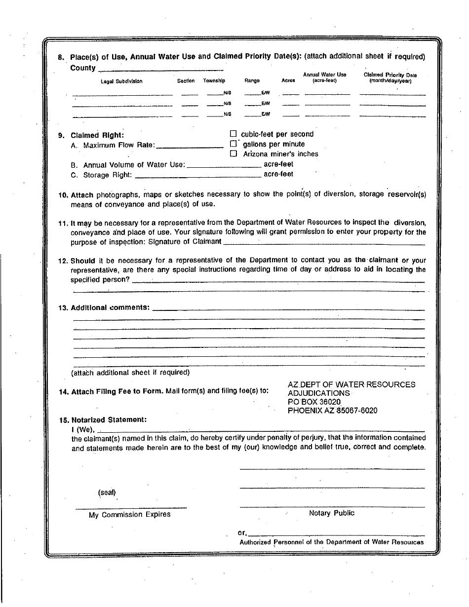 Statement of Claimant Form for Irrigation Use - San Pedro River Watershed - Maricopa County, Arizona, Page 2