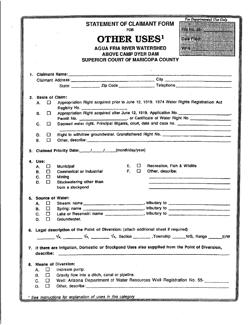 Statement of Claimant Form for Other Uses - Agua Fria River Watershed Above Camp Dyer Dam - Maricopa County, Arizona, Page 1