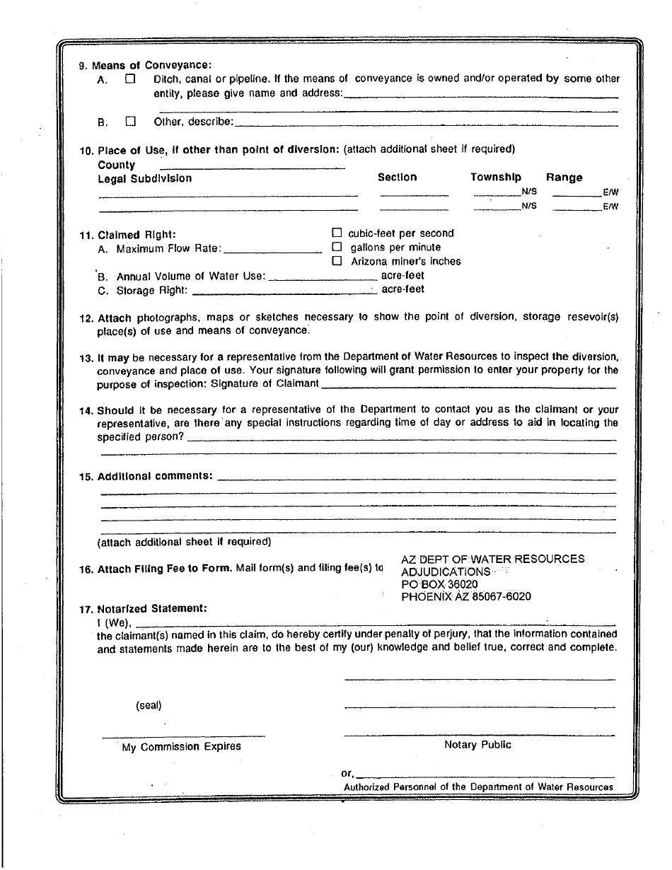 Statement of Claimant Form for Other Uses - Lower Gila River Watershed - Maricopa County, Arizona, Page 2