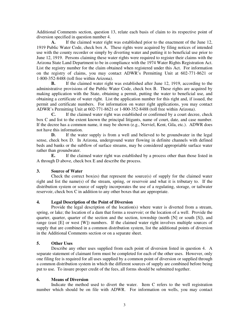 Instructions for Statement of Claimant Form - Irrigation Use - Arizona, Page 3