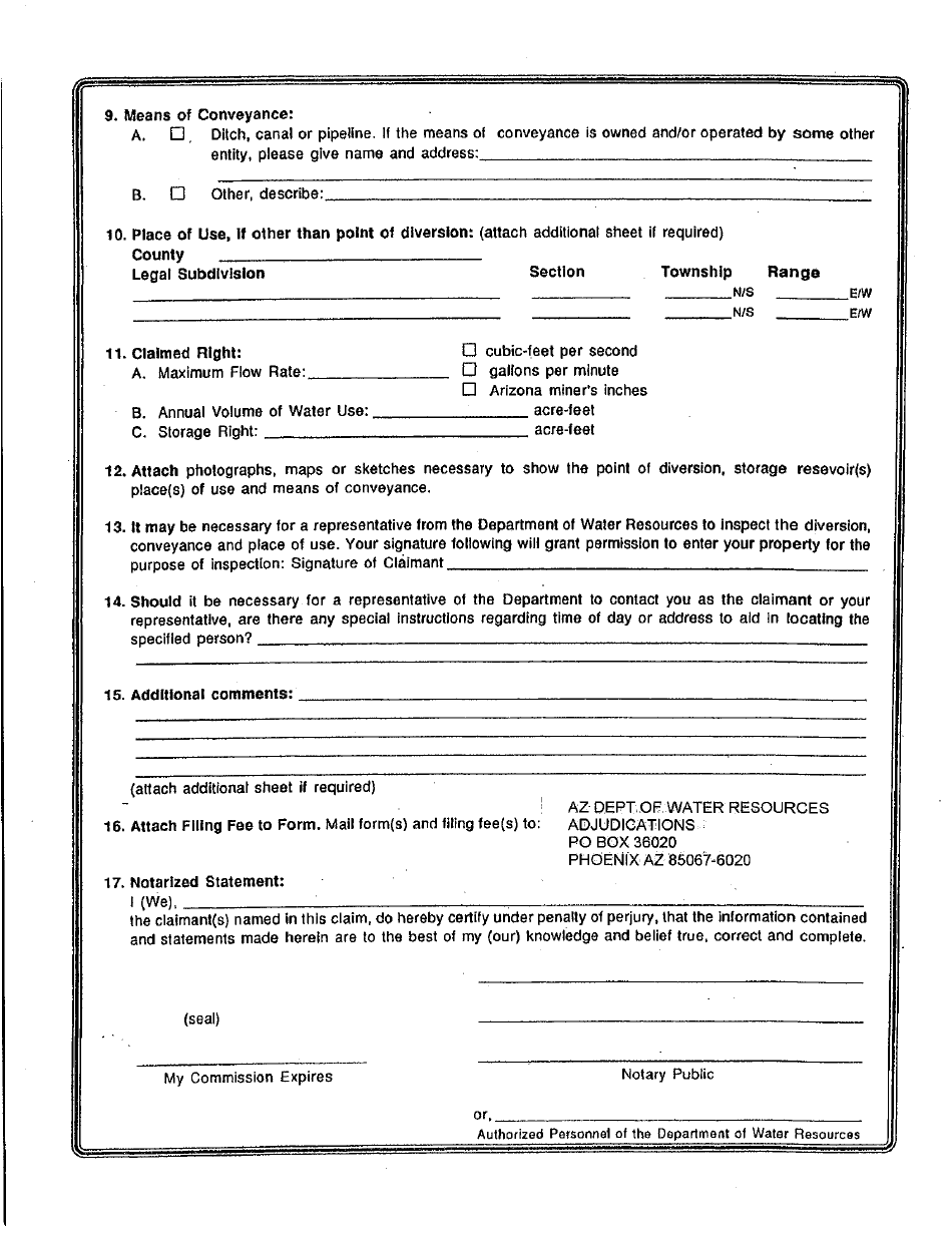 Statement of Claimant Form for Other Uses - San Pedro River Watershed - Maricopa County, Arizona, Page 2