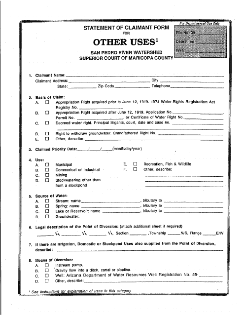 Statement of Claimant Form for Other Uses - San Pedro River Watershed - Maricopa County, Arizona Download Pdf