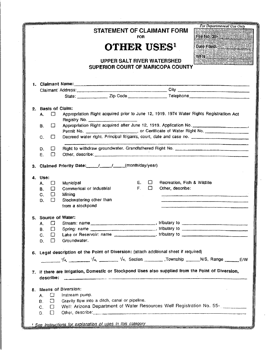 Statement of Claimant Form for Other Uses - Upper Salt River Watershed - Maricopa County, Arizona, Page 1