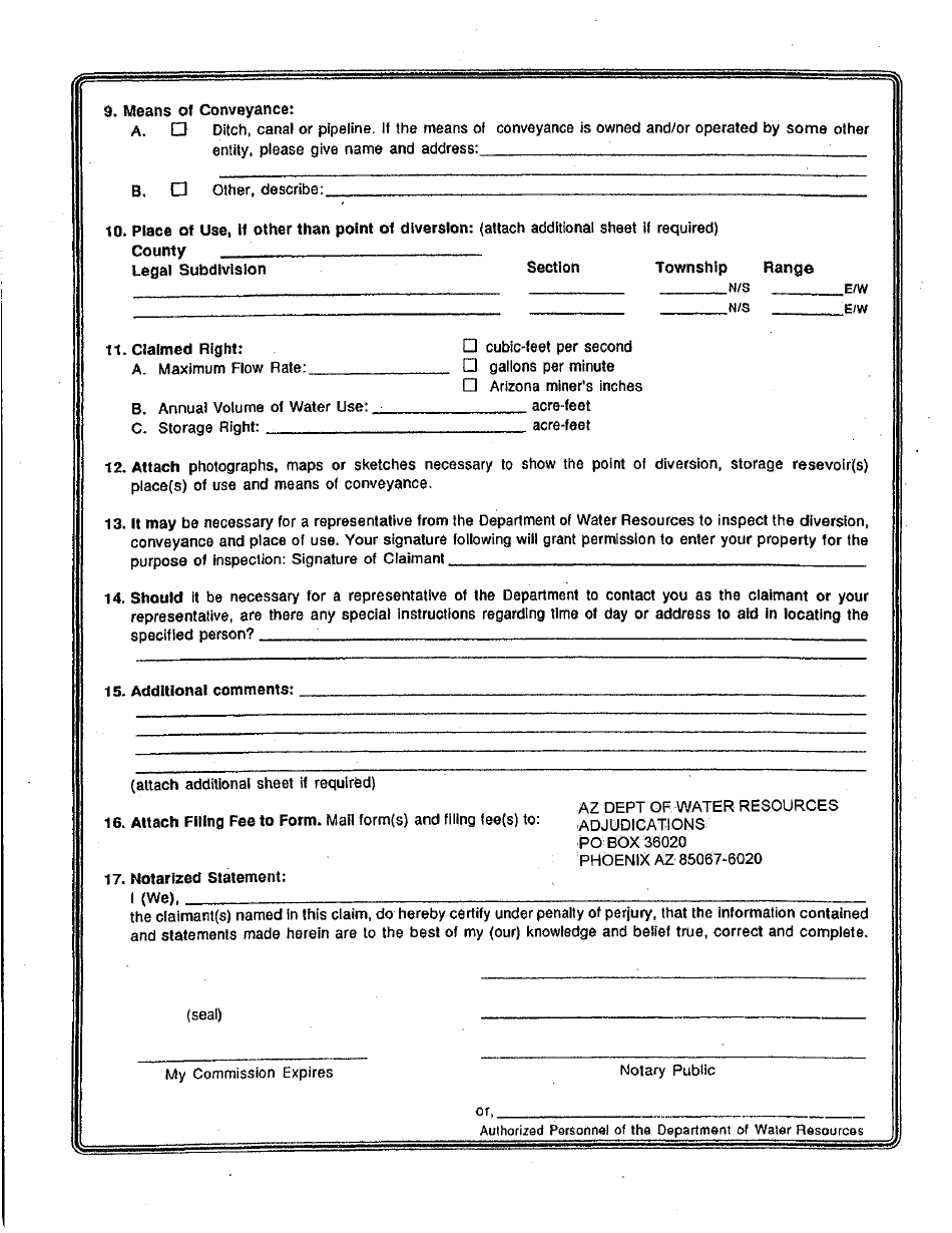Statement of Claimant Form for Other Uses - Upper Salt River Watershed - Maricopa County, Arizona, Page 2