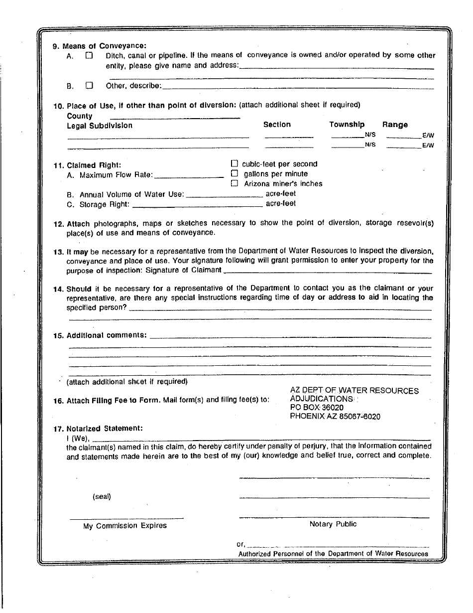 Statement of Claimant Form for Other Uses - Upper Gila River Watershed Upstream From Ashurst-Hayden Dam Excluding the San Pedro River Watershed - Maricopa County, Arizona, Page 2