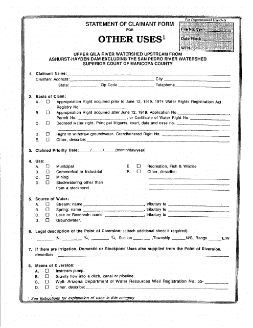 Statement of Claimant Form for Other Uses - Upper Gila River Watershed Upstream From Ashurst-Hayden Dam Excluding the San Pedro River Watershed - Maricopa County, Arizona Download Pdf
