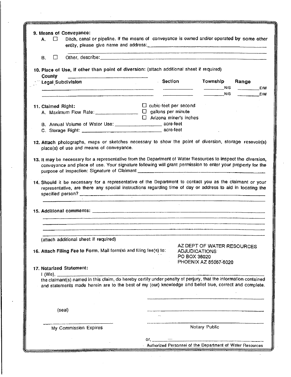 Statement of Claimant Form for Other Uses - Verde River Watershed - Maricopa County, Arizona, Page 2
