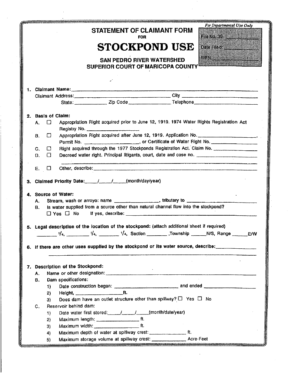 Statement of Claimant Form for Stockpond Use - San Pedro River Watershed - Maricopa County, Arizona, Page 1