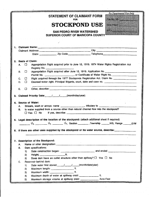 Statement of Claimant Form for Stockpond Use - San Pedro River Watershed - Maricopa County, Arizona Download Pdf