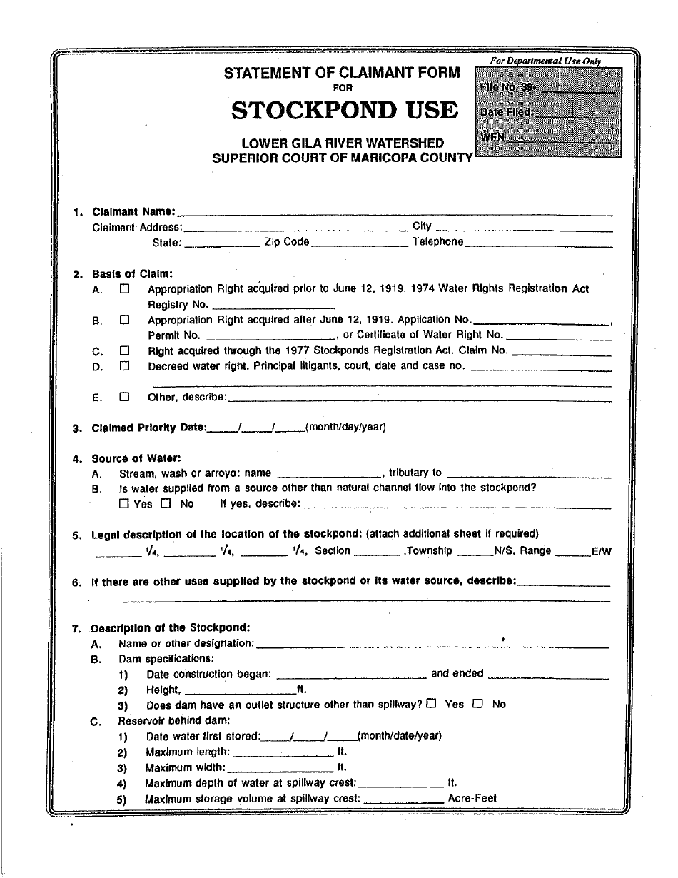 Statement of Claimant Form for Stockpond Use - Lower Gila River Watershed - Maricopa County, Arizona, Page 1