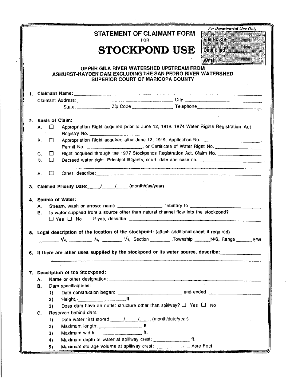 Statement of Claimant Form for Stockpond Use - Upper Gila River Watershed Upstream Form Ashurst-Hayden Dam Excluding the San Pedro River Watershed - Maricopa County, Arizona, Page 1