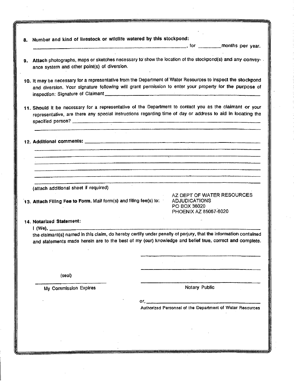 Statement of Claimant Form for Stockpond Use - Upper Gila River Watershed Upstream Form Ashurst-Hayden Dam Excluding the San Pedro River Watershed - Maricopa County, Arizona, Page 2