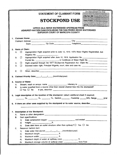 Statement of Claimant Form for Stockpond Use - Upper Gila River Watershed Upstream Form Ashurst-Hayden Dam Excluding the San Pedro River Watershed - Maricopa County, Arizona Download Pdf