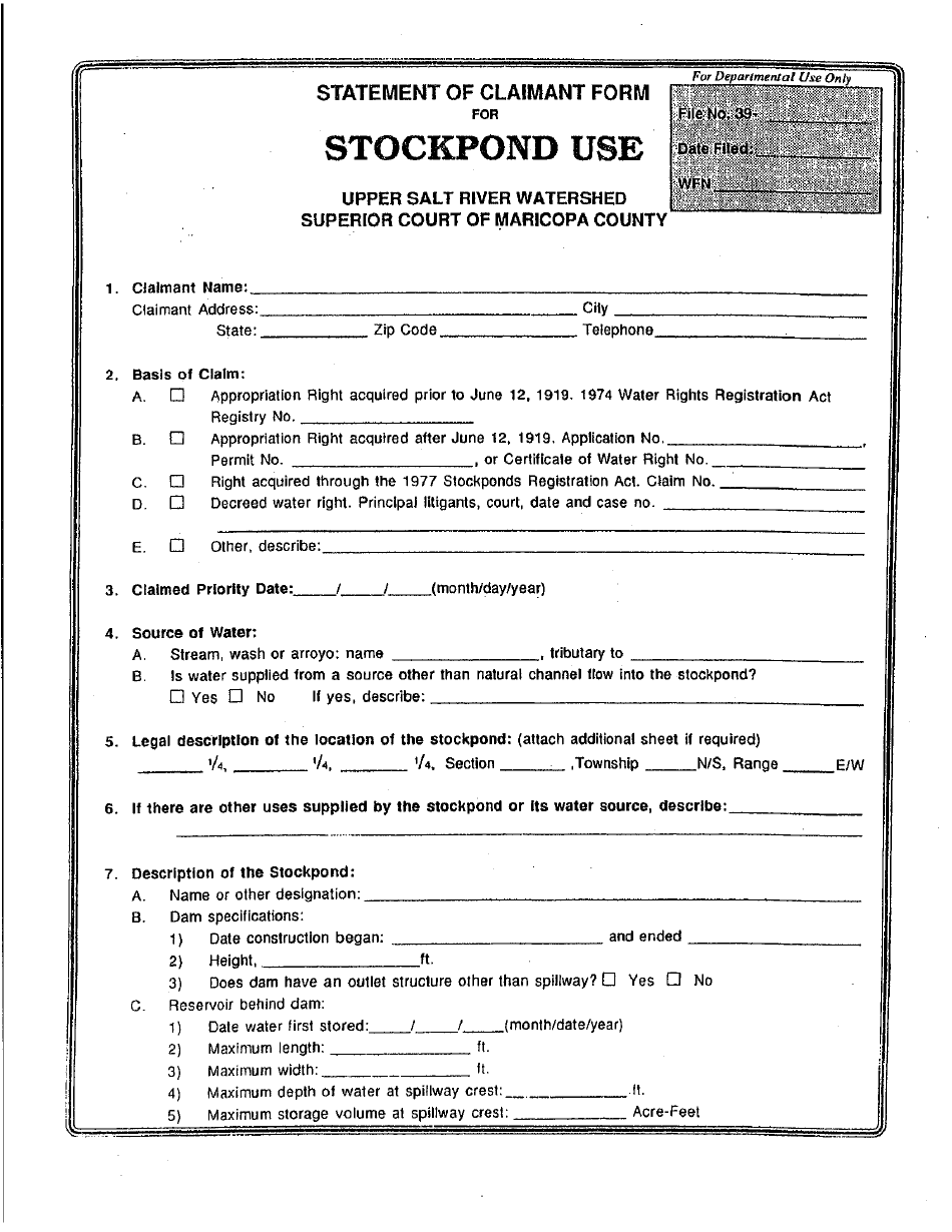 Statement of Claimant Form for Stockpond Use - Upper Salt River Watershed - Maricopa County, Arizona, Page 1