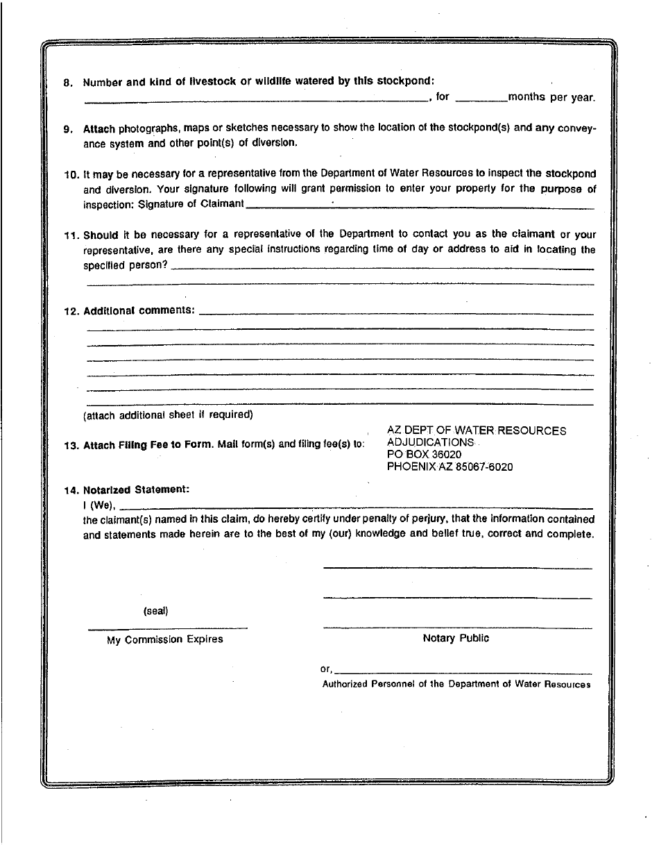 Statement of Claimant Form for Stockpond Use - Upper Salt River Watershed - Maricopa County, Arizona, Page 2