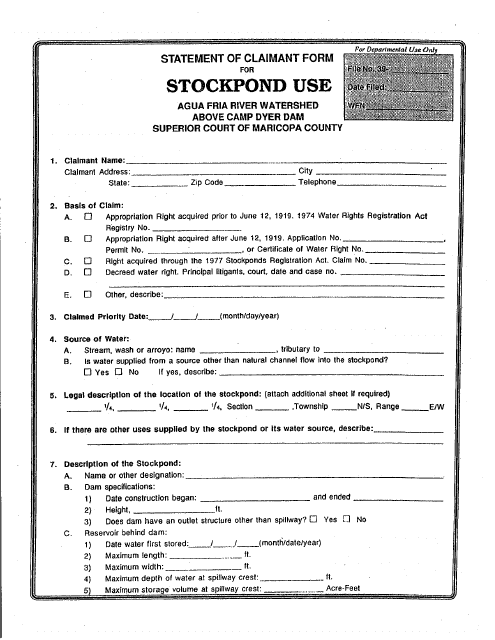 Statement of Claimant Form for Stockpond Use - Agua Fria Watershed Above Camp Dyer Dam - Maricopa County, Arizona Download Pdf