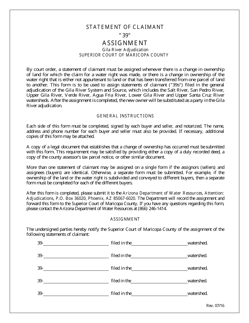 Assignment of Statement of Claimant - Gila River Adjudication - Maricopa County, Arizona, Page 1
