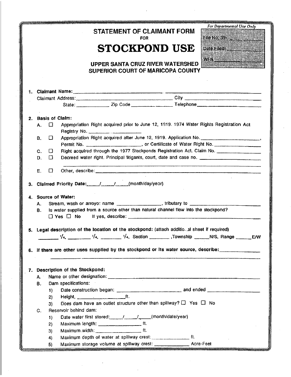 Statement of Claimant Form for Stockpond Use - Upper Santa Cruz River Watershed - Maricopa County, Arizona, Page 1