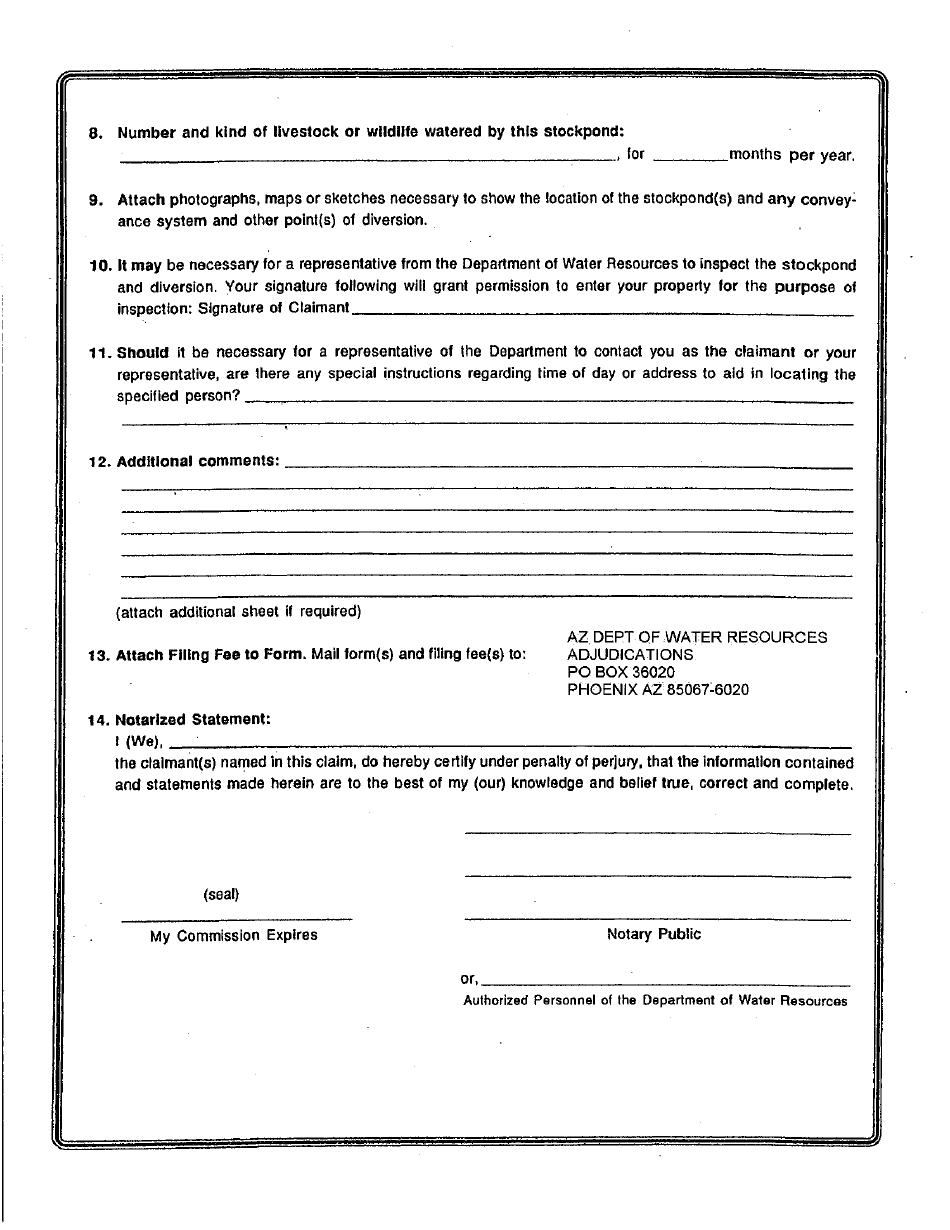 Statement of Claimant Form for Stockpond Use - Upper Santa Cruz River Watershed - Maricopa County, Arizona, Page 2
