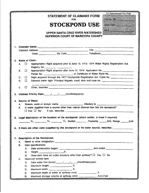Statement of Claimant Form for Stockpond Use - Upper Santa Cruz River Watershed - Maricopa County, Arizona Download Pdf