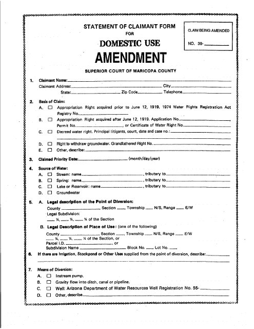 Statement of Claimant Form for Domestic Use Amendment - Maricopa County, Arizona Download Pdf
