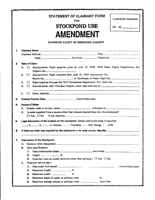 Statement of Claimant Form for Stockpond Use Amendment - Maricopa County, Arizona Download Pdf