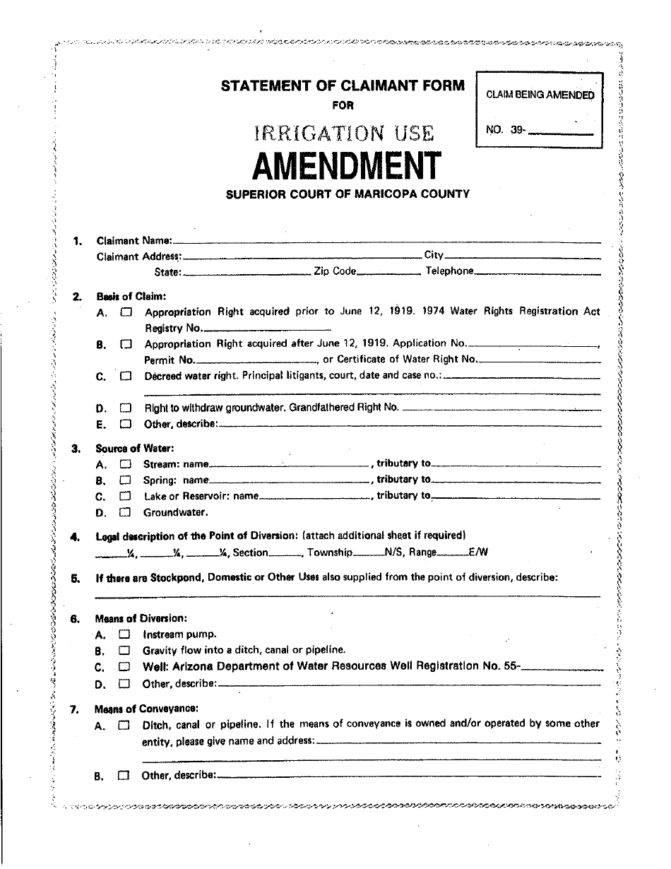 Statement of Claimant Form for Irrigation Use Amendment - Maricopa County, Arizona, Page 1