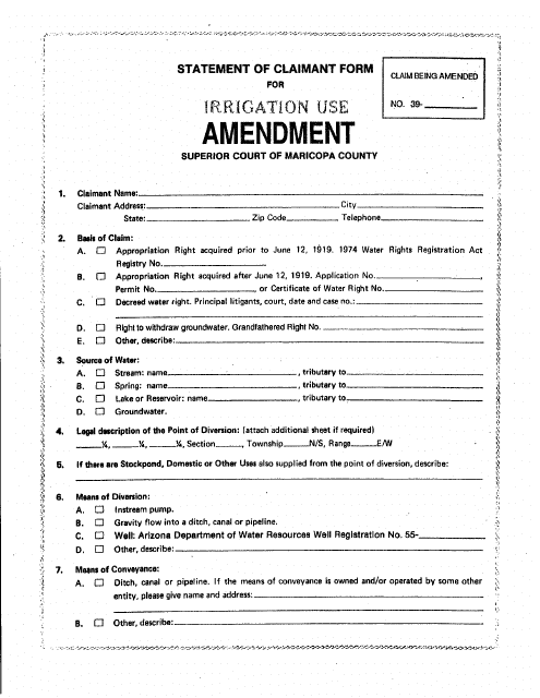 Statement of Claimant Form for Irrigation Use Amendment - Maricopa County, Arizona Download Pdf