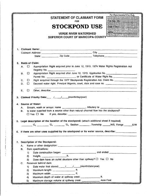 Statement of Claimant Form for Stockpond Use - Verde River Watershed - Maricopa County, Arizona Download Pdf