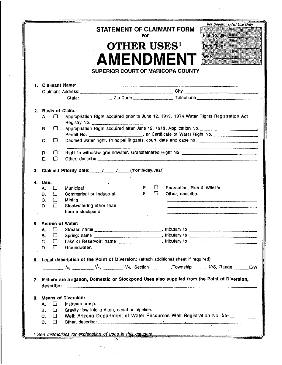 Statement of Claimant Form for Other Uses Amendment - Maricopa County, Arizona, Page 1