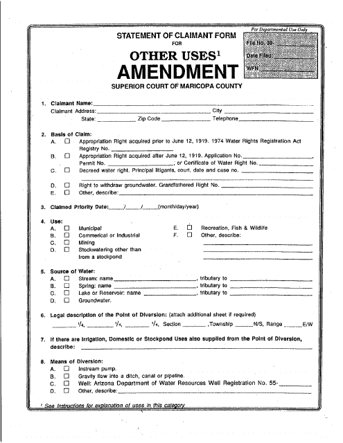 Statement of Claimant Form for Other Uses Amendment - Maricopa County, Arizona Download Pdf