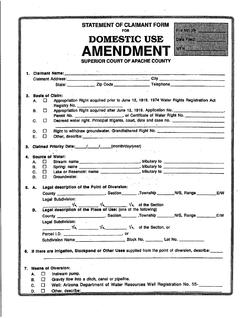 Statement of Claimant Form for Domestic Use Amendment - Apache County, Arizona, Page 1
