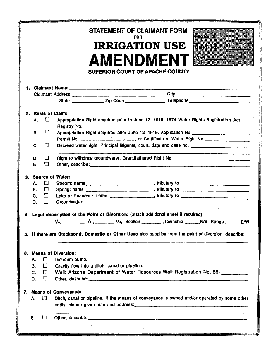 Statement of Claimant Form for Irrigation Use Amendment - Apache County, Arizona, Page 1