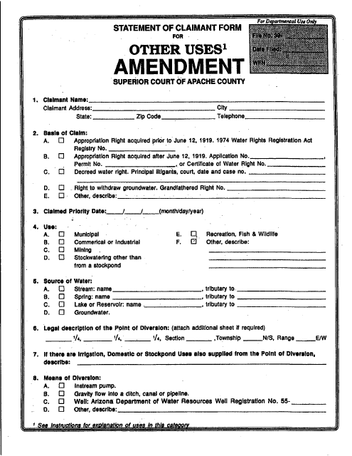 Statement of Claimant Form for Other Uses Amendment - Apache County, Arizona Download Pdf