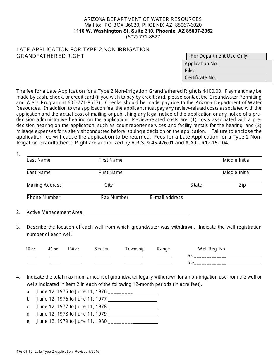 Form 476.01-T2 Late Application for Type 2 Non-irrigation Grandfathered Right - Arizona, Page 1