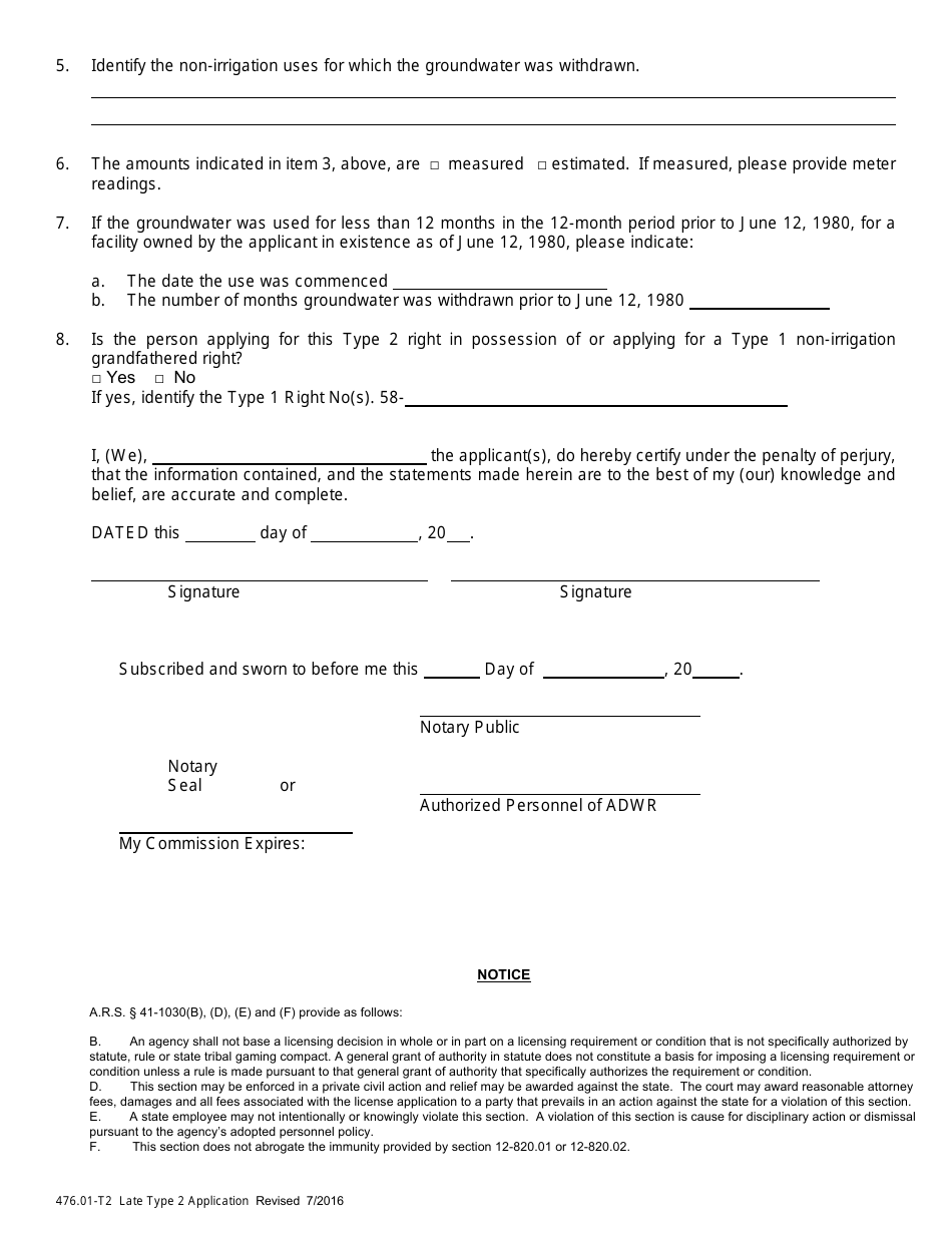 Form 476.01-T2 Late Application for Type 2 Non-irrigation Grandfathered Right - Arizona, Page 2