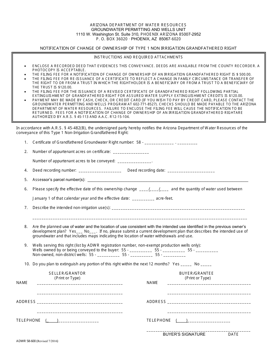 Form ADWR58-600 Notification of Change of Ownership of Type 1 Non Irrigation Grandfathered Right - Arizona, Page 1