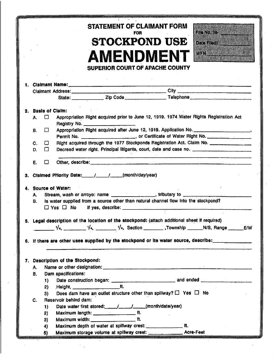 Statement of Claimant Form for Stockpond Use Amendment - Apache County, Arizona, Page 1