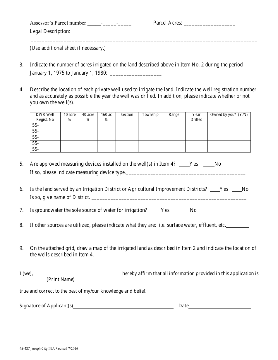 Form 45-437 Application for Notice of Authority to Irrigate Land in an Irrigation Non-expansion Area Pursuant to a.r.s. 45-437 - Joseph City Irrigation Non-expansion Area (Ina) Record of Irrigation History - Arizona, Page 2