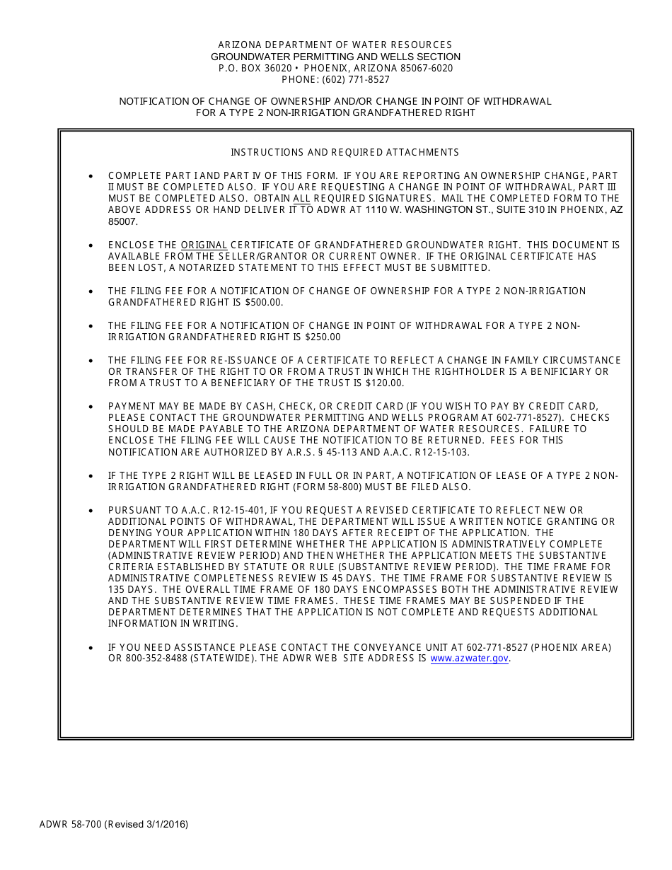 Form ADWR58-700 Notification of Change of Ownership and / or Change in Point of Withdrawal for a Type 2 Non-irrigation Grandfathered Right - Arizona, Page 1