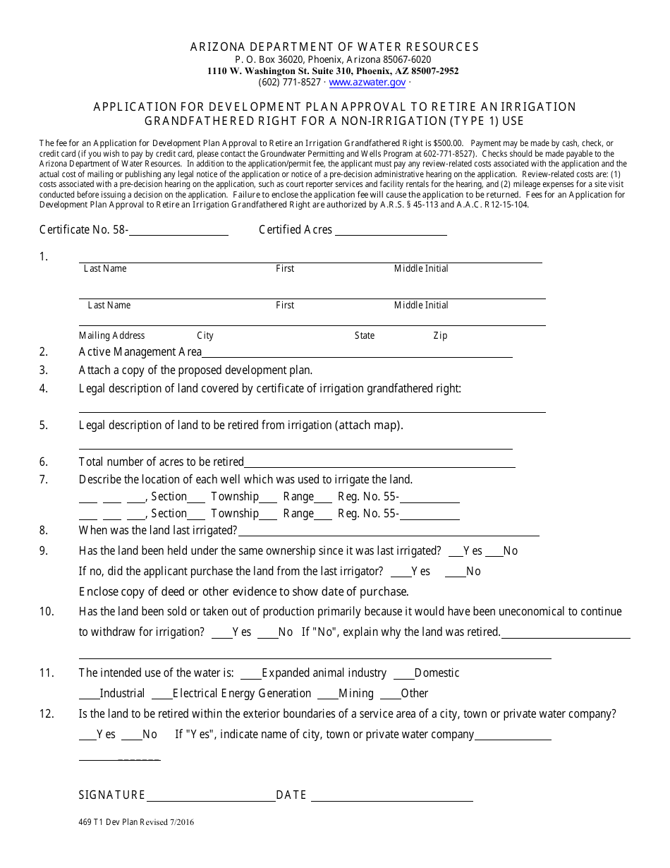 Form 469 Application for Development Plan Approval to Retire an Irrigation Grandfathered Right for a Non-irrigation (Type 1) Use - Arizona, Page 1