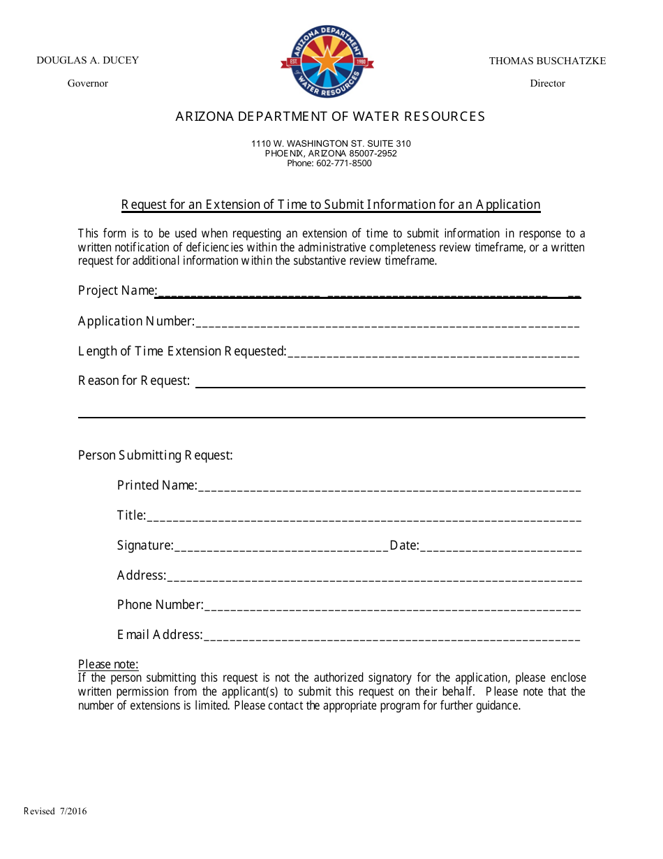 Request for an Extension of Time to Submit Information for an Application - Arizona, Page 1