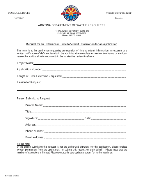 Request for an Extension of Time to Submit Information for an Application - Arizona Download Pdf