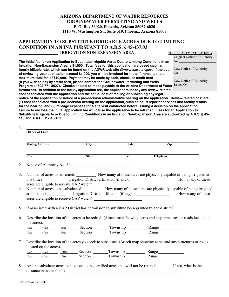 Form DWR43703AP Application to Substitute Irrigable Acres Due to Limiting Condition in an Ina Pursuant to a.r.s. 45-437.03 - Arizona, Page 1