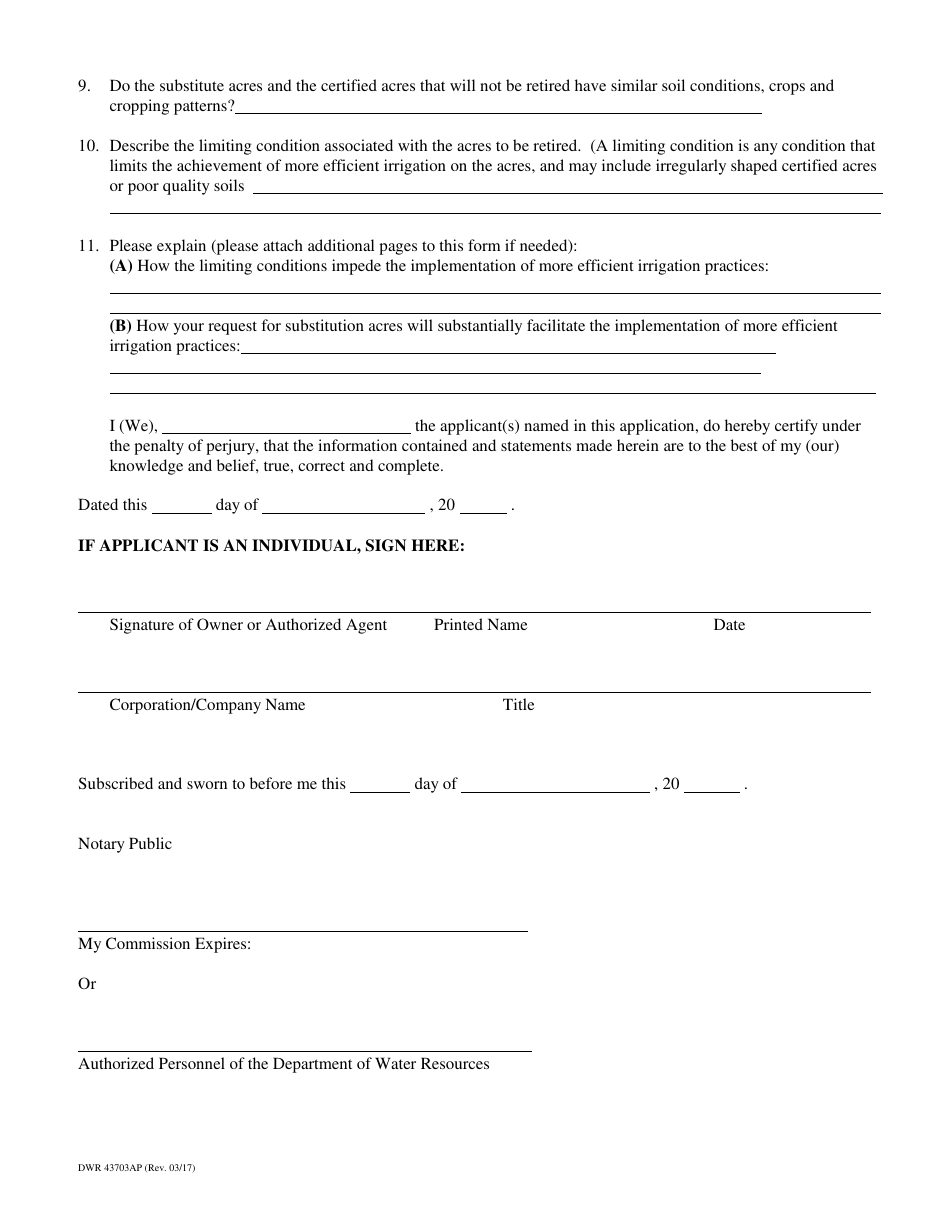 Form DWR43703AP Application to Substitute Irrigable Acres Due to Limiting Condition in an Ina Pursuant to a.r.s. 45-437.03 - Arizona, Page 2