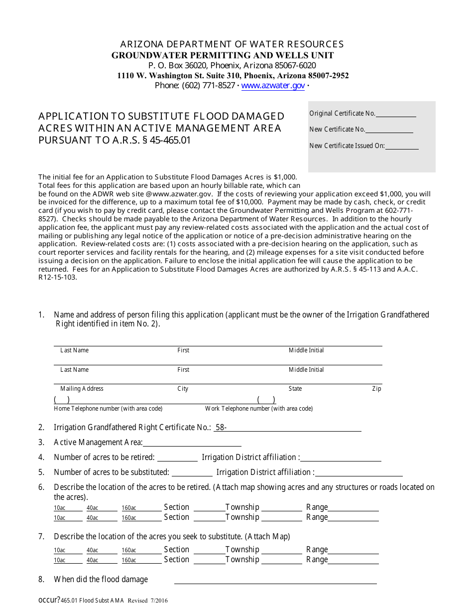 Form 465.01 Application to Substitute Flood Damaged Acres Within an Active Management Area Pursuant to a.r.s. 45-465.01 - Arizona, Page 1